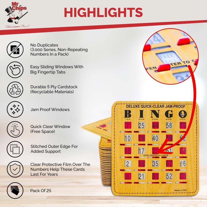 MR CHIPS Jam-Proof Quick-Clear Deluxe Fingertip Slide Bingo Cards with Sliding Windows 100 Pack in Woodgrain Style - Image 3